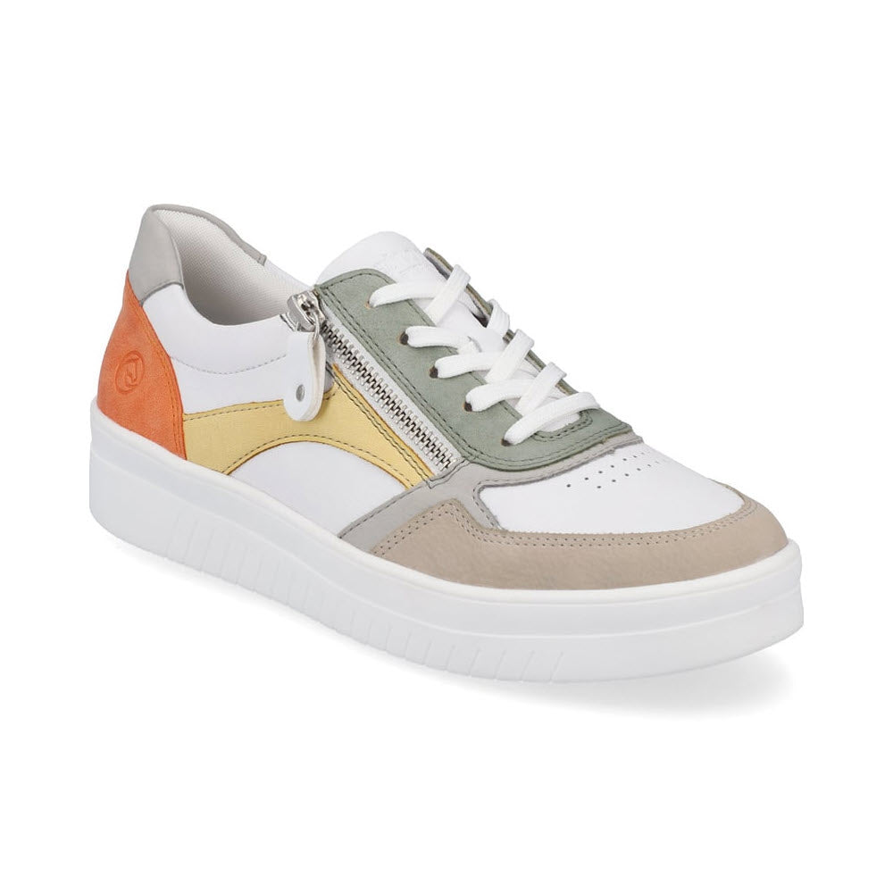 The Remonte Euro Court Sneaker Earth Multi - Womens is a multi-colored women’s sneaker featuring hues of white, yellow, orange, green, and grey with a white sole, lace-up front, leather upper, and a side zipper.