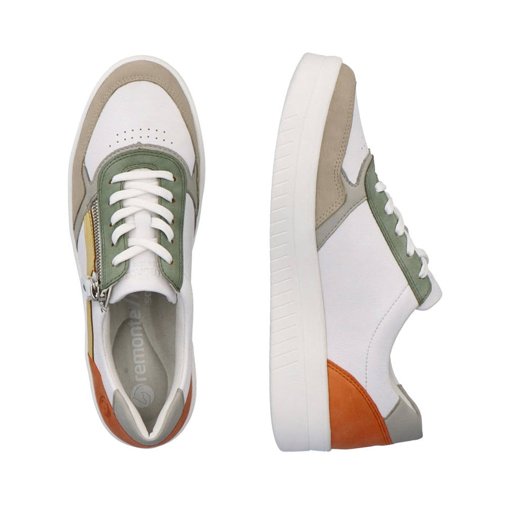 Two white women&#39;s sneakers with green, brown, and orange accents. The left sneaker is shown from the top, while the right sneaker is displayed from the side. Both have white soles and laces, featuring a stylish leather upper characteristic of the Remonte REMONTE EURO COURT SNEAKER EARTH MULTI - WOMENS collection.