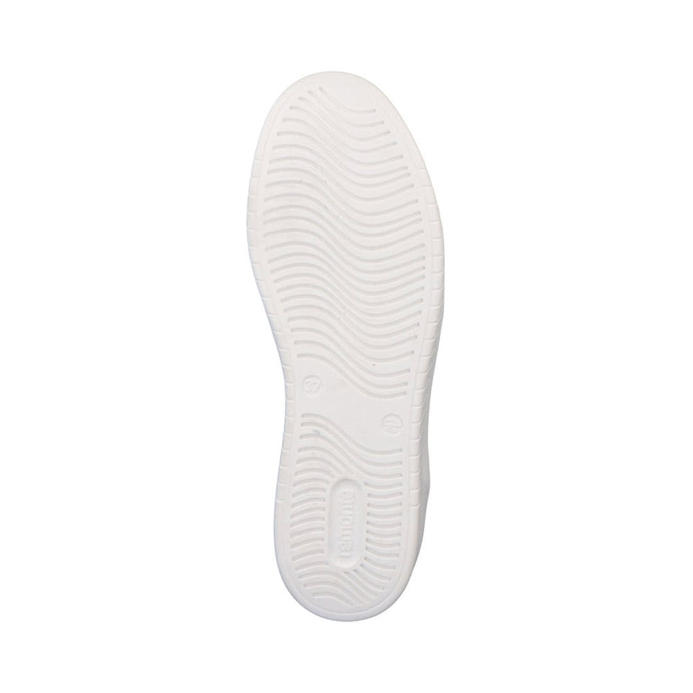 The image shows the bottom view of a white Remonte REMONTE EURO COURT SNEAKER EARTH MULTI - WOMENS sole, featuring a wavy tread pattern with small circular and rectangular indents.