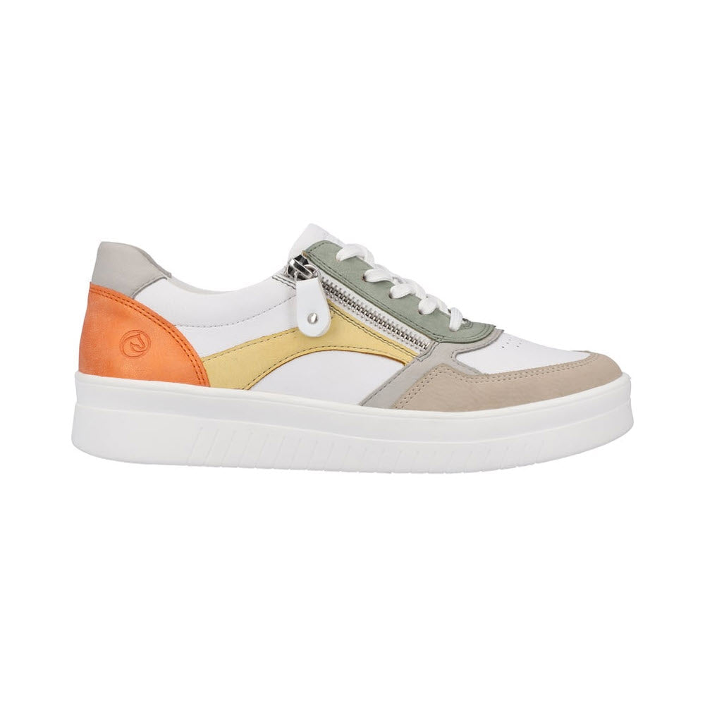 The Remonte REMONTE EURO COURT SNEAKER EARTH MULTI - WOMENS boasts a multi-colored design with white, orange, yellow, green, and beige accents. Featuring a leather upper, it comes equipped with white laces and a convenient side zipper for easy wear.
