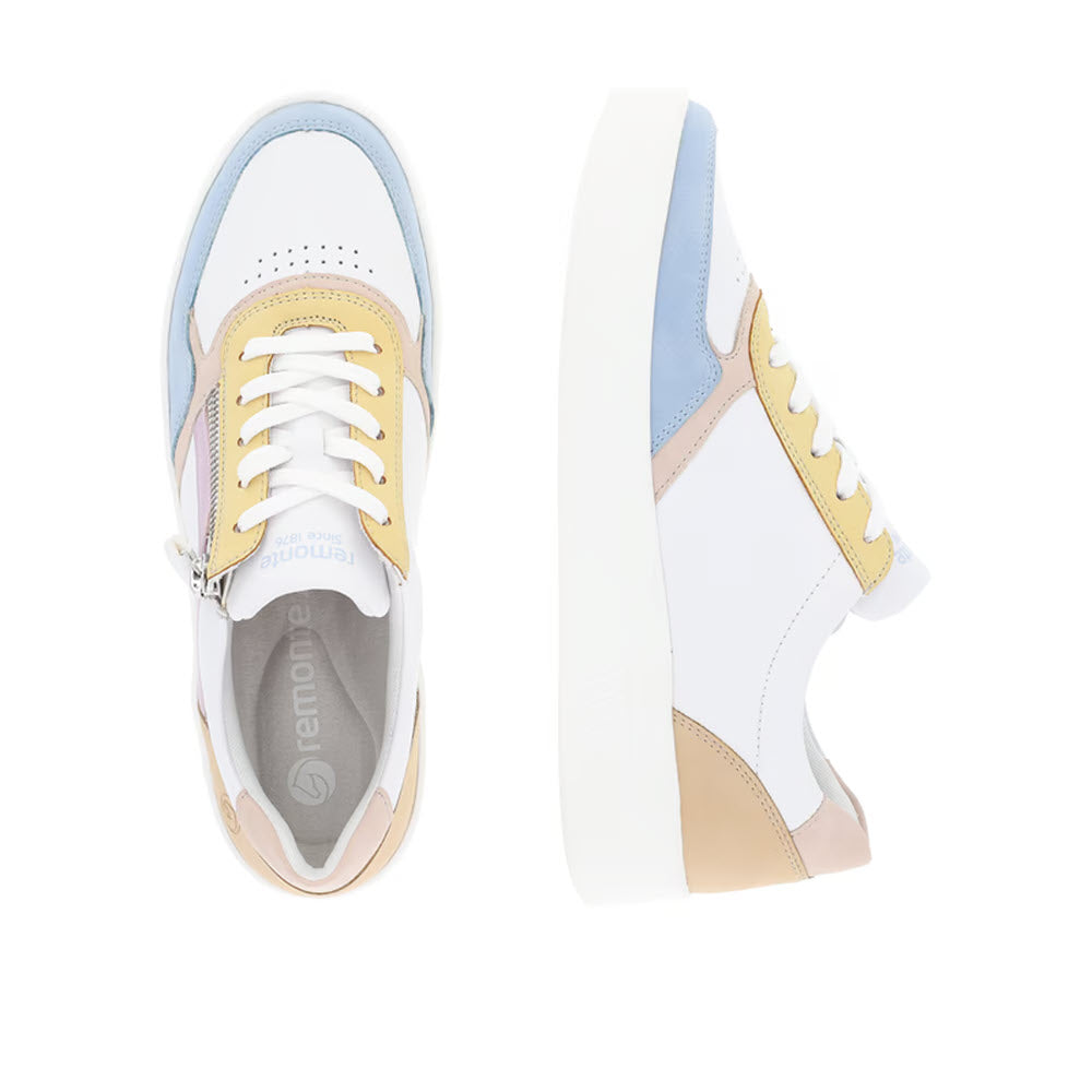 Top-down and side view of a pair of REMONTE EURO COURT SNEAKER PASTEL MULTI - WOMENS by Remonte. They feature white laces, a thick white sole, smooth leather exterior, and Lite &#39;n Soft technology for added comfort.