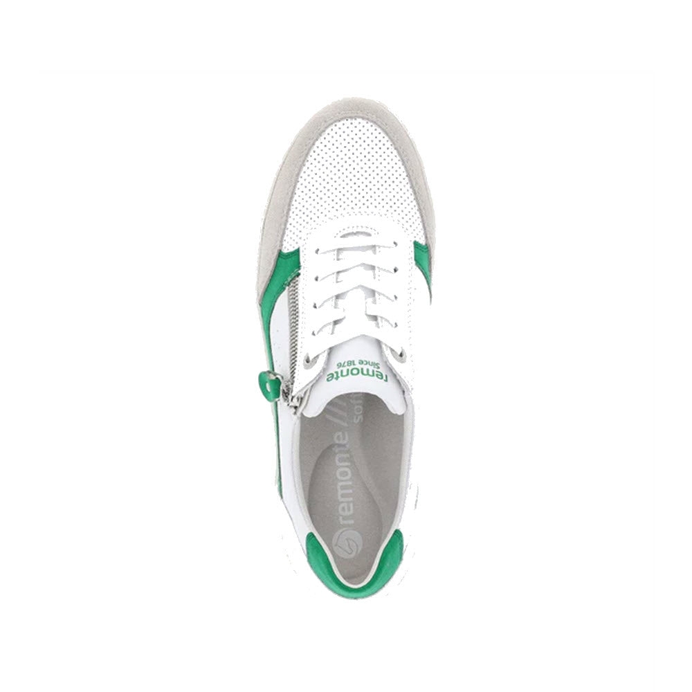 Top view of a Remonte REMONTE EURO COURT SNEAKER GRASS GREEN - WOMENS with green accents and gray trim, featuring white laces and a perforated toe design, built for intensive wear.