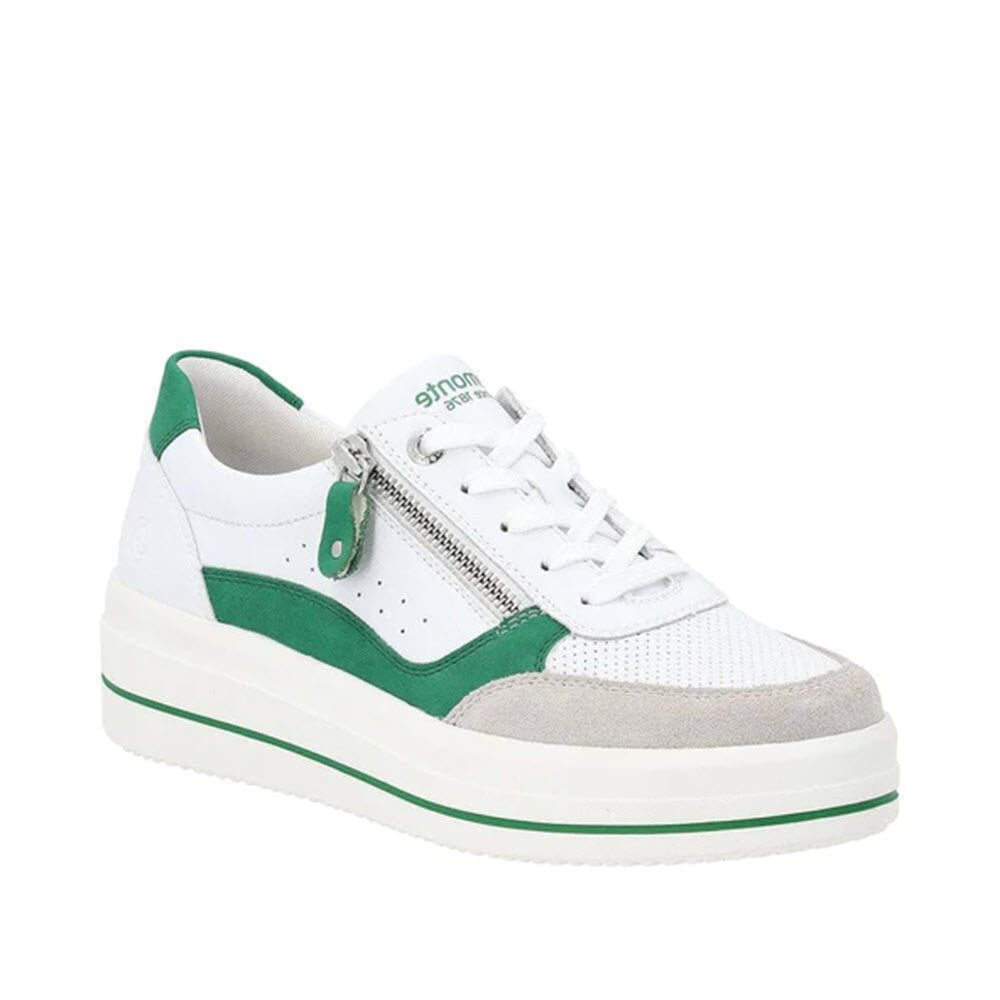 A REMONTE EURO COURT SNEAKER GRASS GREEN - WOMENS with green and grey accents, featuring a zipper on the side and a lace-up front, designed for intensive everyday wear. This shoe seamlessly blends style and functionality, making it perfect for those who follow the latest fashion trends.

