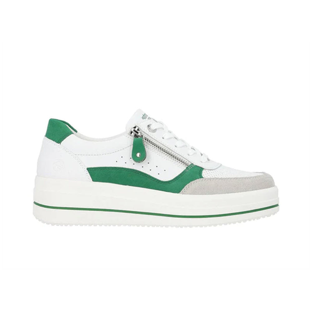REMONTE EURO COURT SNEAKER GRASS GREEN - WOMENS by Remonte, featuring a side zipper and a green sole stripe, perfect for everyday wear.