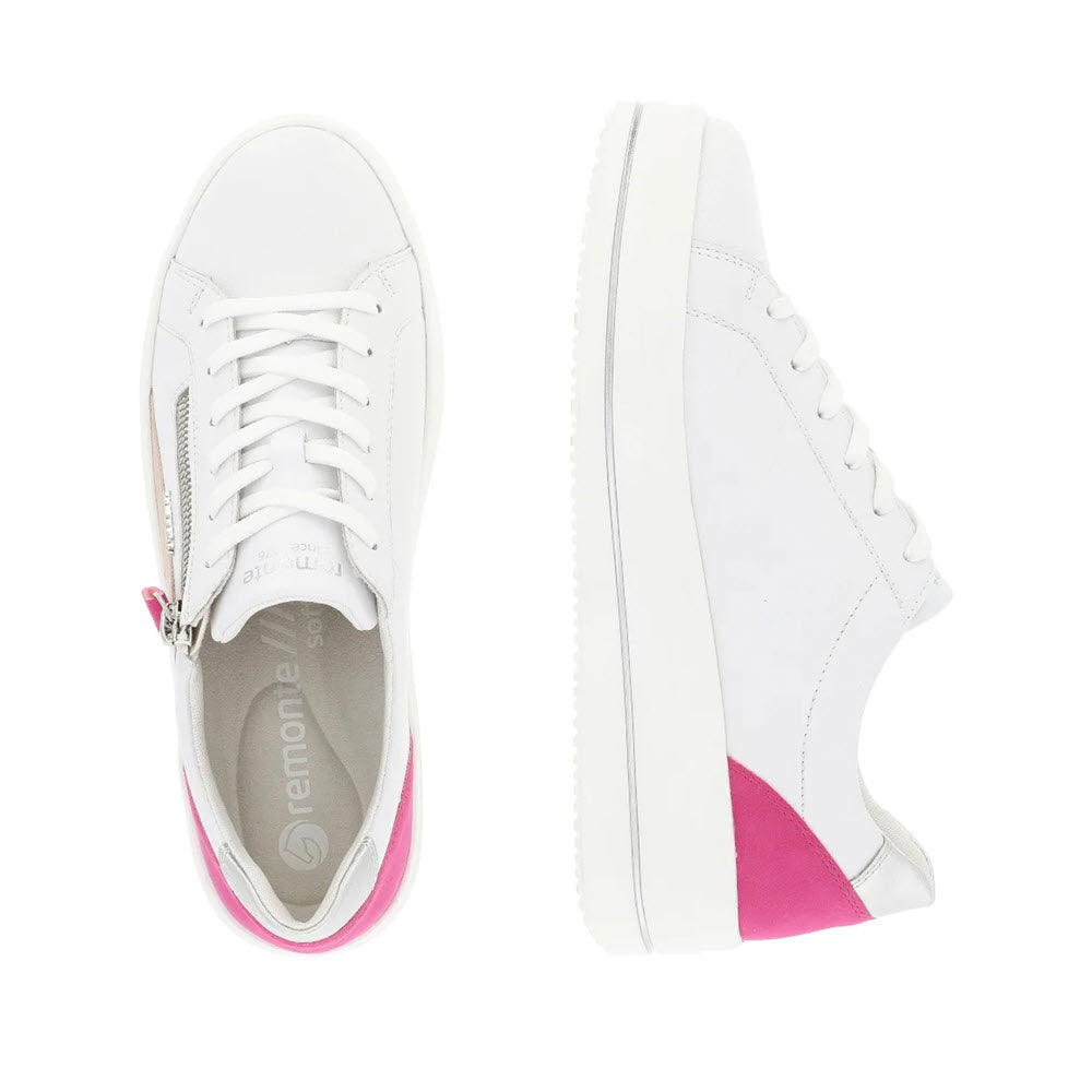 Pair of Remonte REMONTE EURO COURT SNEAKER FUCHSIA MULTI - WOMENS with pink heels, one shown from the top and the other from the side. The left shoe features a side zipper and is crafted from durable coated leather.