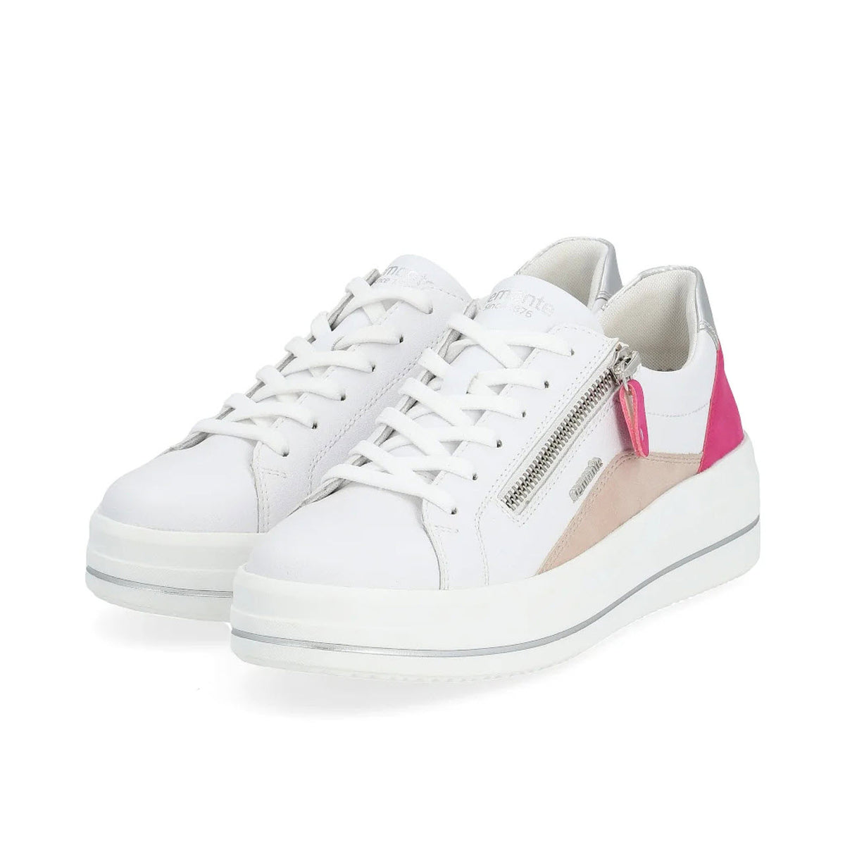 The Remonte REMONTE EURO COURT SNEAKER FUCHSIA MULTI - WOMENS features durable coated leather, a slight platform, a zipper detail on the side, a beige suede accent, and a pink heel panel.