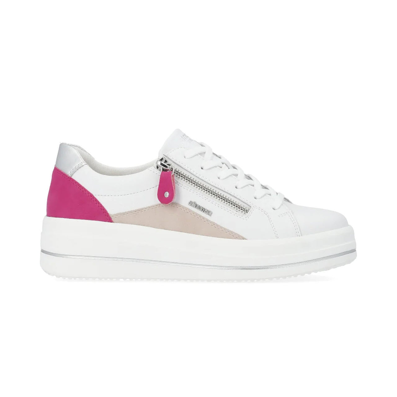 The Remonte REMONTE EURO COURT SNEAKER FUCHSIA MULTI - WOMENS is a white sneaker with pink accents on the heel, a silver zipper on the side, and a thick white sole. Crafted from durable coated leather, this wedge casual shoe offers both style and resilience.