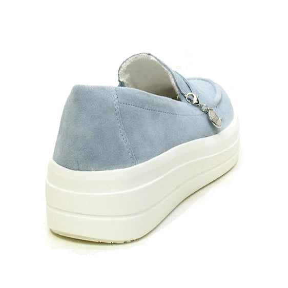 A REMONTE EURO SNEAKER LOAFER BLUE - WOMENS with a white thick sole, viewed from the back. The shoe, offering all day support, features a silver embellishment on the side and a sleek leather upper by Remonte.