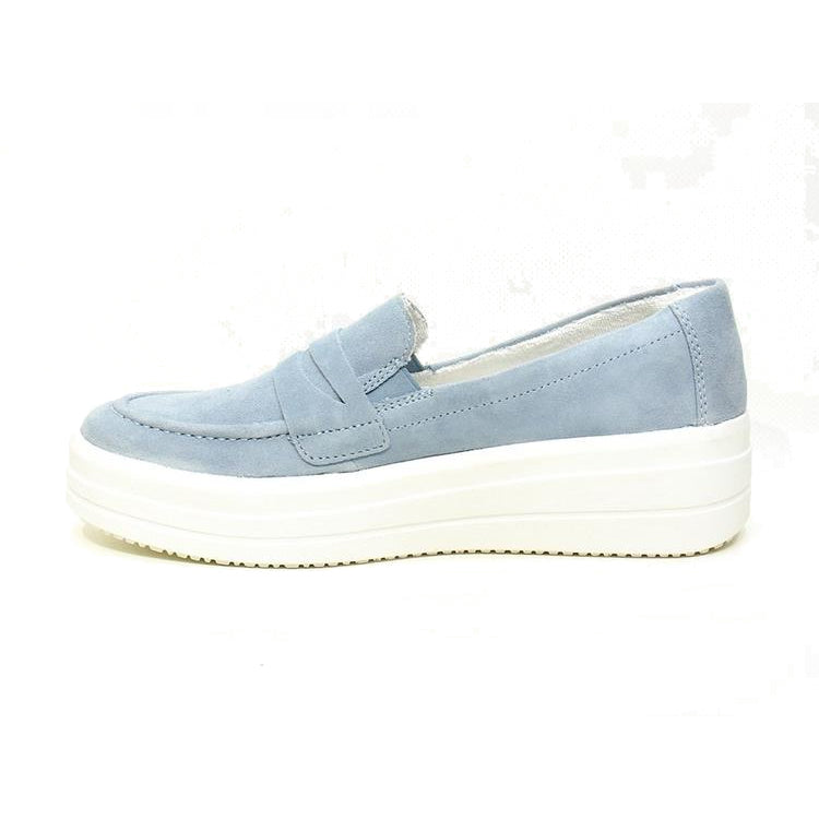 Light blue suede REMONTE EURO SNEAKER LOAFER BLUE - WOMENS with a white sole and leather upper, seen from the side against a white background, offering all day support by Remonte.
