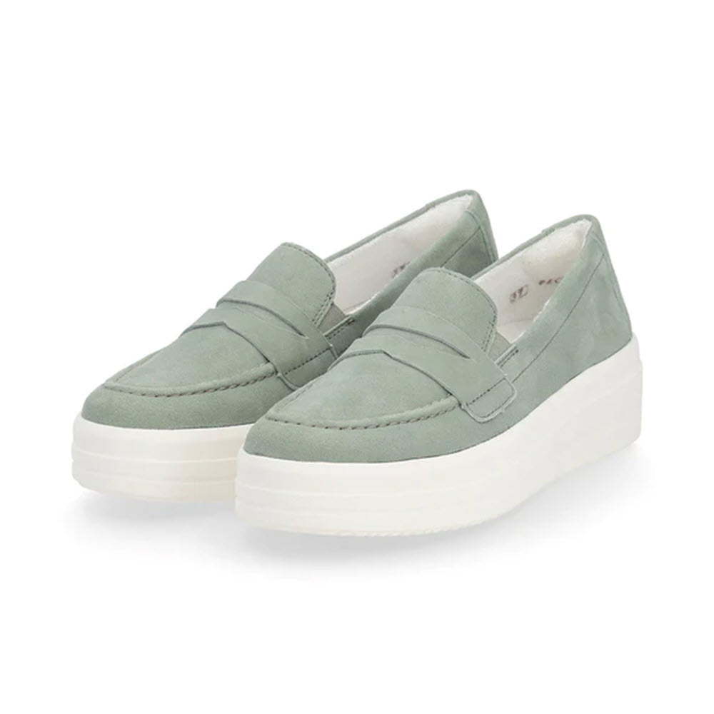 A pair of REMONTE EURO SNEAKER LOAFER OLIVE - WOMENS by Remonte with a thick white rubber sole and a penny strap detail across the front, featuring a removable footbed for added comfort.