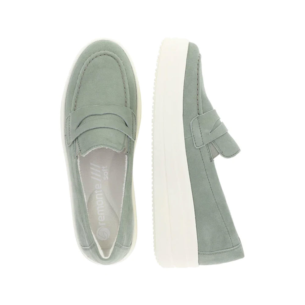 Top and side views of a pair of REMONTE EURO SNEAKER LOAFER OLIVE - WOMENS by Remonte, featuring a removable footbed.