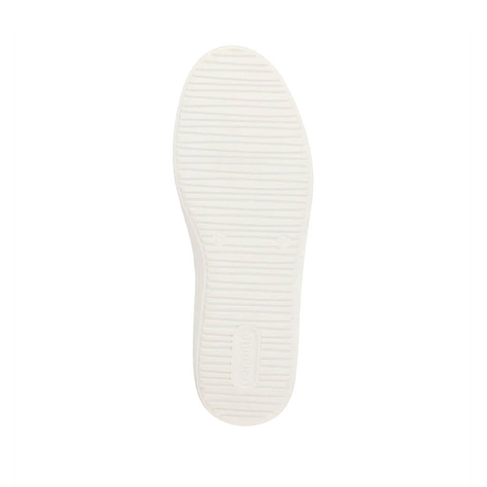 A breathable microvelour white shoe sole with horizontal ridges and a textured pattern, viewed from above, from the REMONTE EURO SNEAKER LOAFER OLIVE - WOMENS by Remonte.