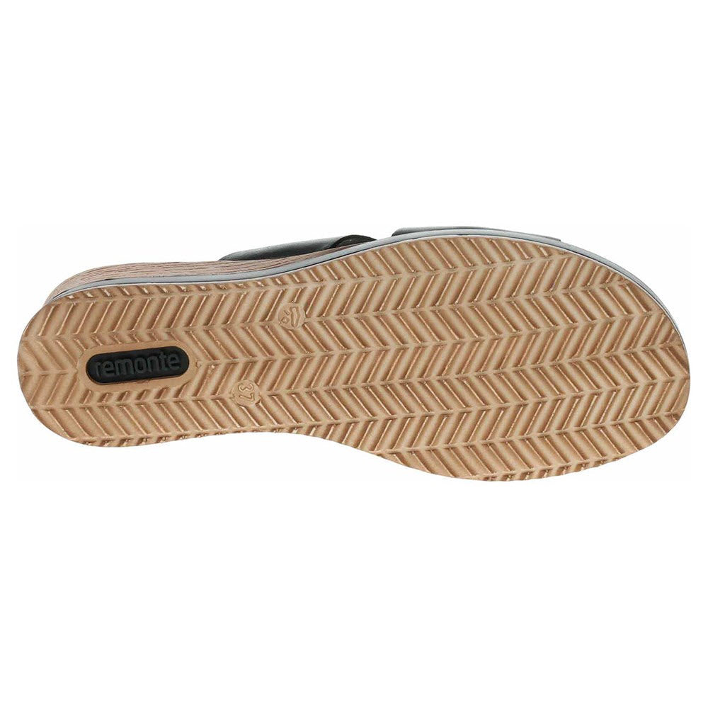Bottom view of a Remonte shoe crafted from high-quality materials, displaying a tan rubber sole with a diagonal tread pattern and a rectangular logo reading &quot;Remonte.