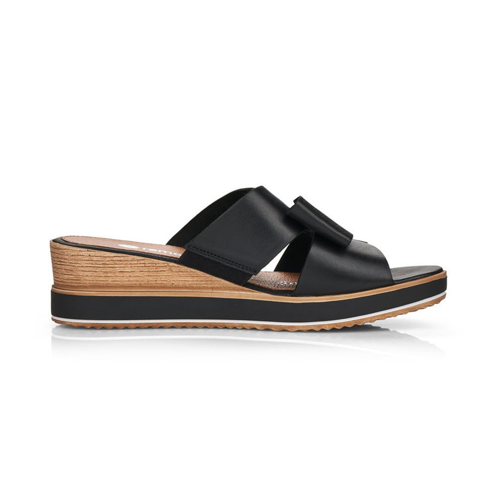 Remonte black crossover strap sandal with a wooden wedge sole, isolated on a white background.