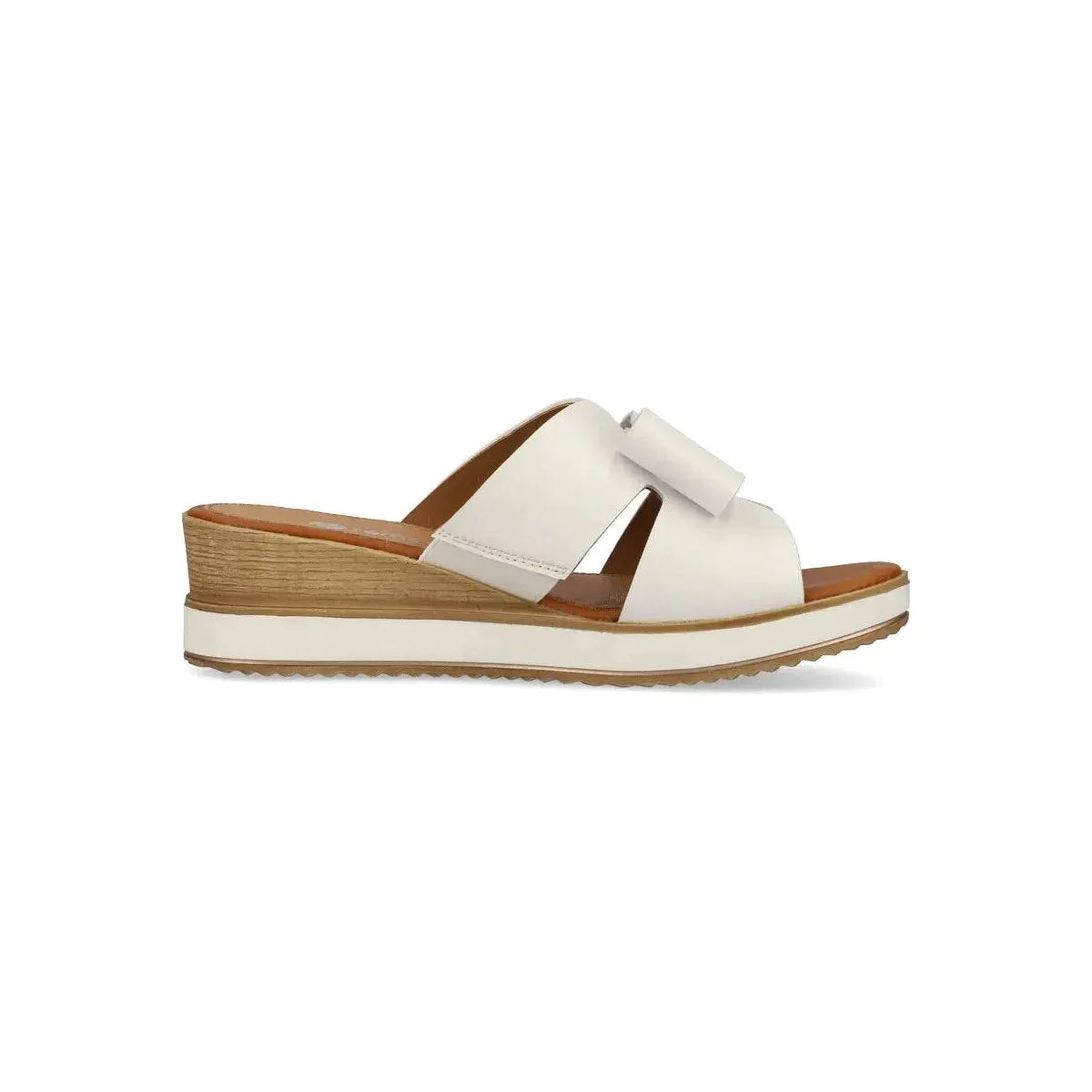 A white Remonte Bow Wedge Sandal with a wooden platform and a cushioning sole, isolated on a white background.