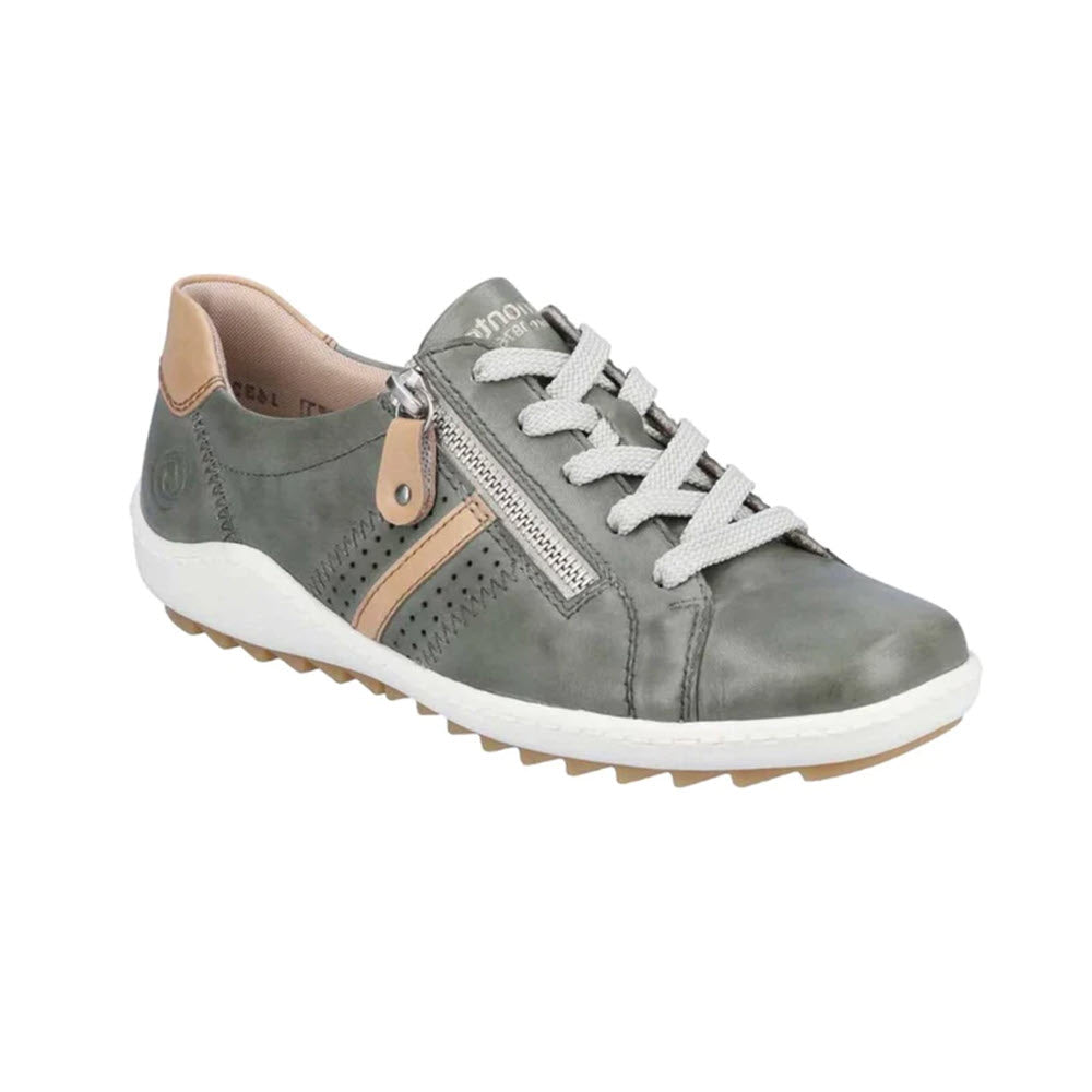 A single gray Remonte Euro City Walker Olive sneaker with white laces, zipper detailing, and a tan interior, displayed against a white background.