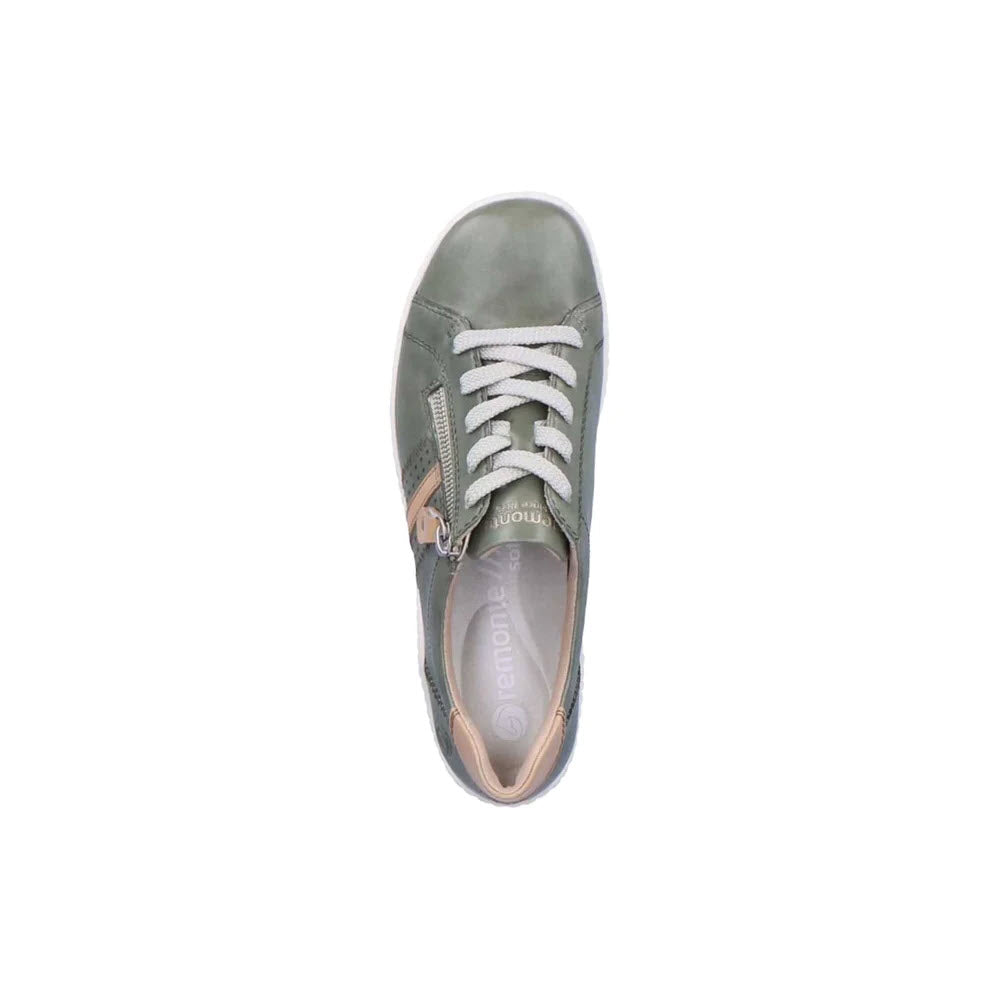 A single olive green lace-up Remonte Euro City Walker sneaker with white laces viewed from above, isolated on a white background.