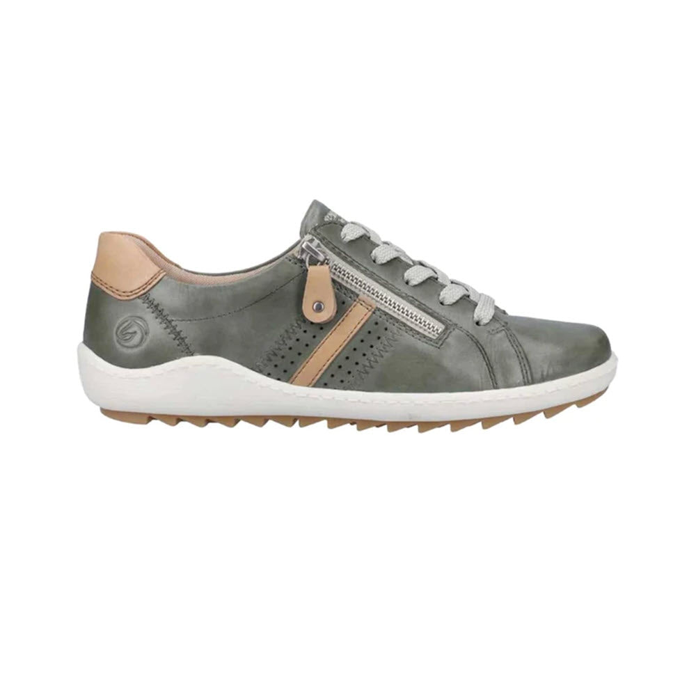 A single olive Remonte Euro City Walker sneaker with tan leather accents and a side zipper, displayed against a white background.