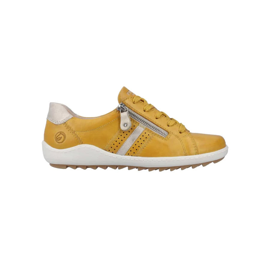 Remonte yellow sneaker with zipper and lace-up details, decorated with a circular logo on the side, featuring a leather upper, displayed against a white background.