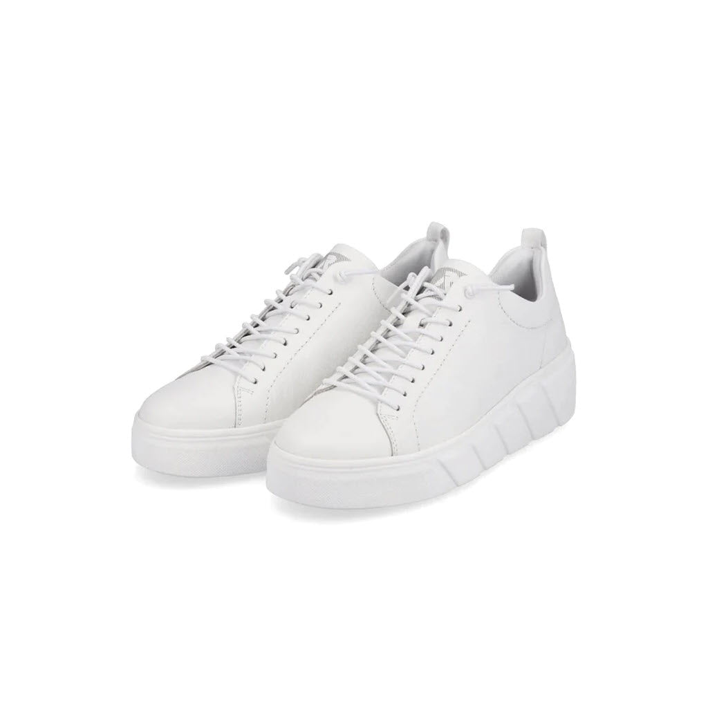 A pair of Revolution Platform Street Sneaker All White - Women&#39;s with a thick sole and laces, displayed on a white background.