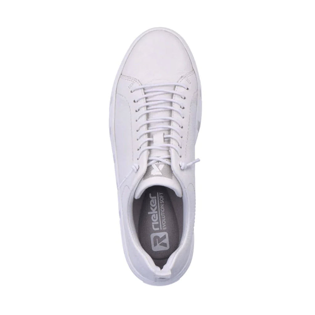 Top-down view of a white Revolution Platform Street Sneaker with laces and a grey insole bearing a logo.