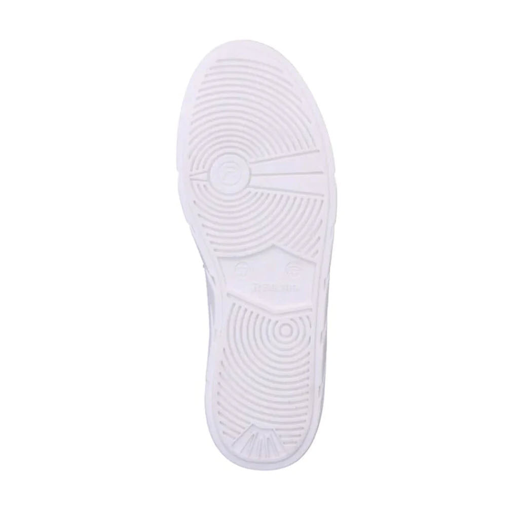 Single white sneaker sole displaying a patterned tread and brand imprint on white Revolution Platform Street Sneaker All White - Womens sneakers.