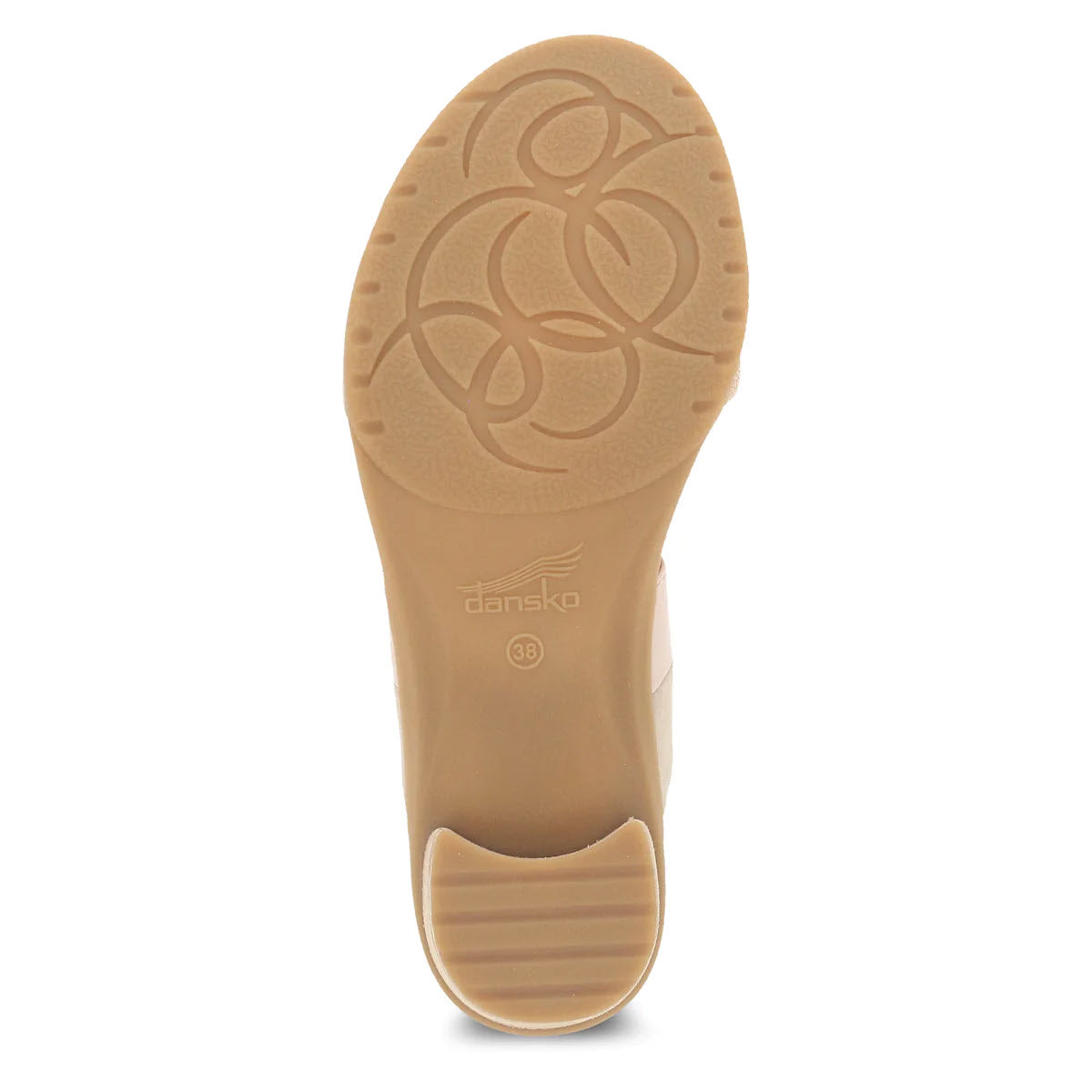 Sole of a Dansko beige shoe displaying a circular tread pattern and the Dansko logo, perfect for an anytime heel.