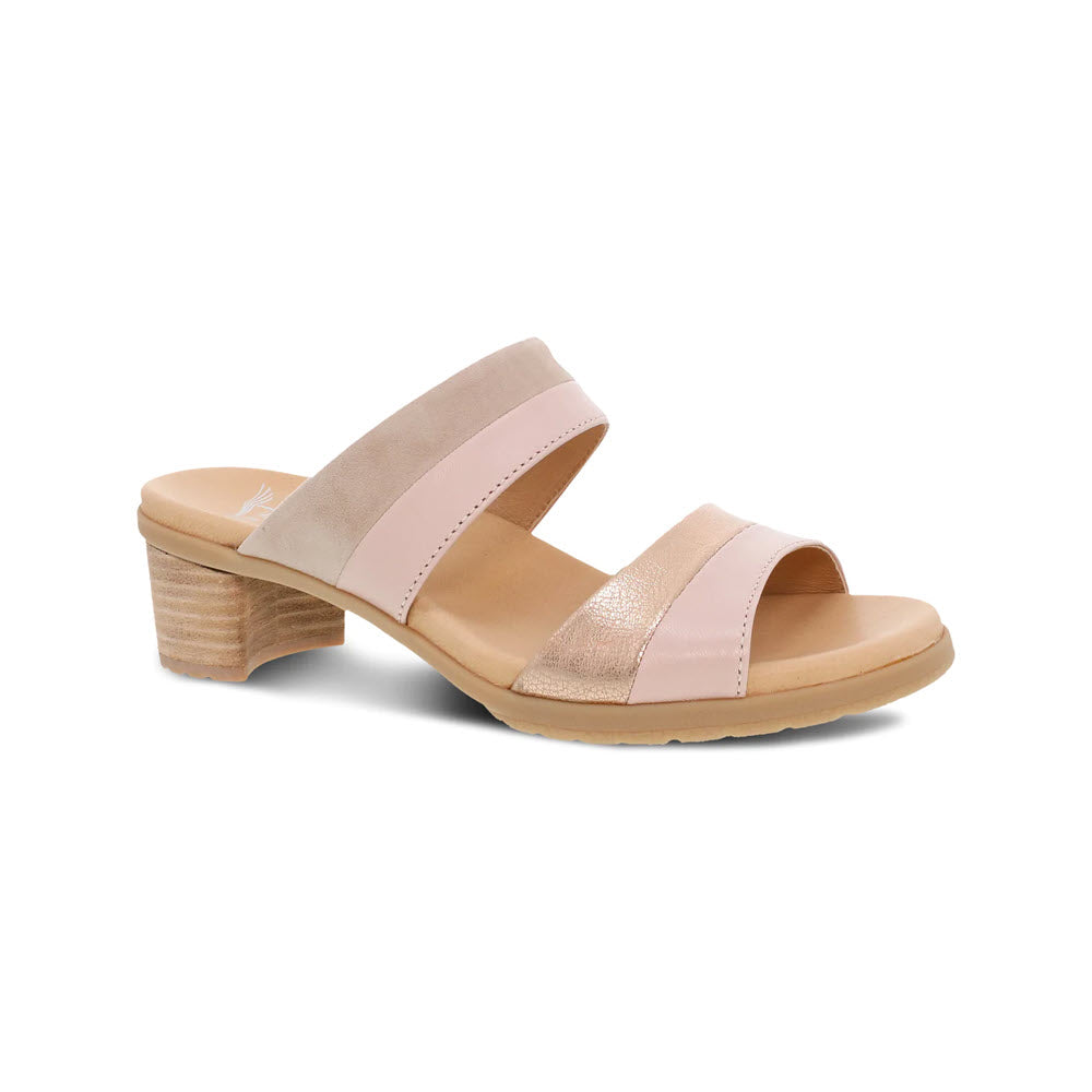 A beige Dansko Theresa Blush Multi women&#39;s sandal with a chunky anytime heel and two broad straps, isolated on a white background.