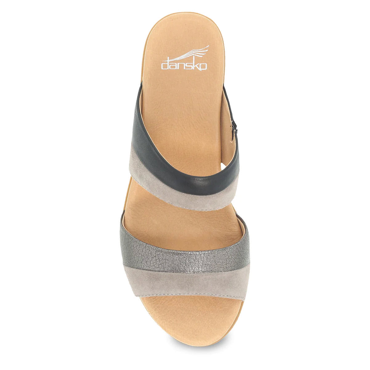 Top view of a Dansko Thersea sandal with two crossed straps in elegant colors of black and metallic gray, set against a plain white background.