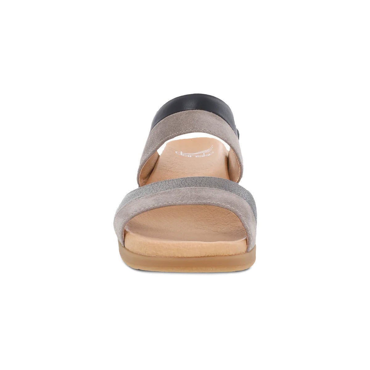 Frontal view of a single Dansko Theresa Black Multi - Womens slide sandal with elegant colors and black straps on a white background.
