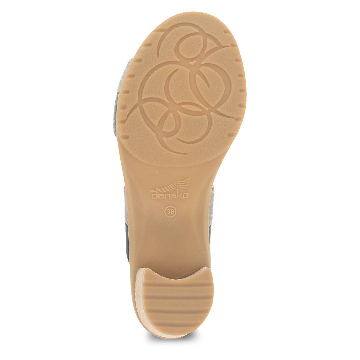 Bottom view of a tan Dansko Thersea Black Multi sandal showing the tread pattern and brand logo.