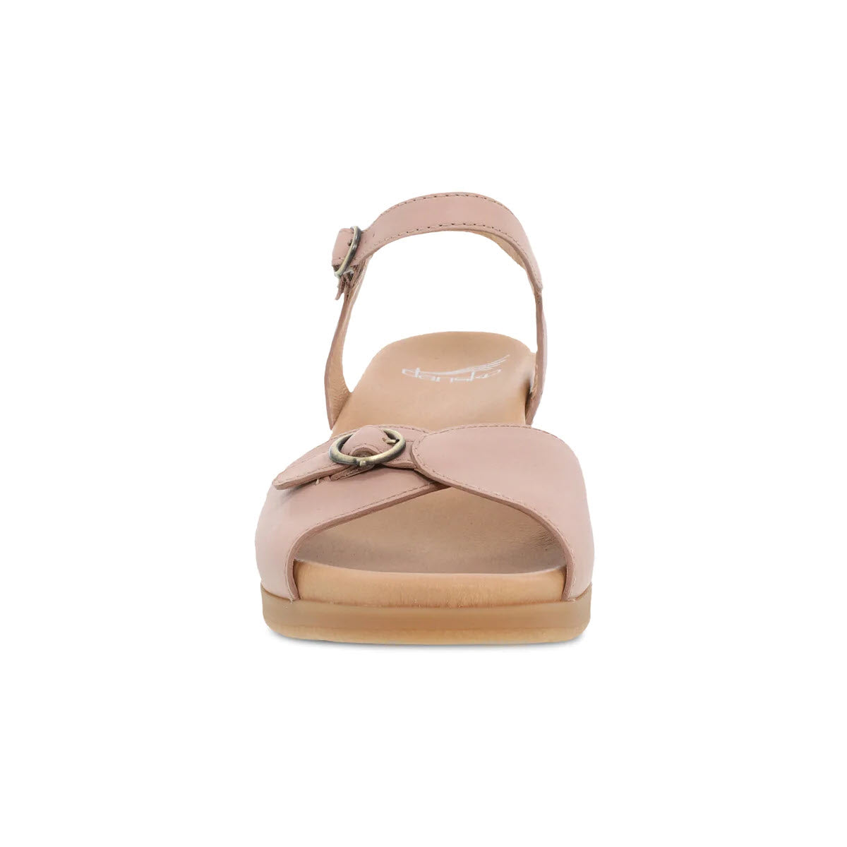 A single light pink Dansko Tessie Ballet women&#39;s heeled sandal with a buckle, viewed from the front, isolated on a white background.
