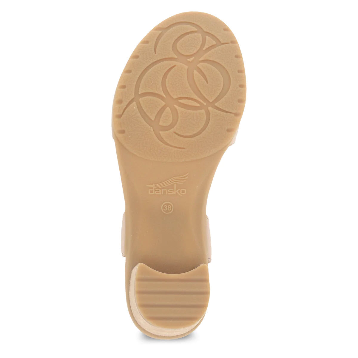 Bottom view of a comfortable beige Dansko Tessie Ballet clog showing the sole with a pattern of intertwined circles and the brand name embossed.