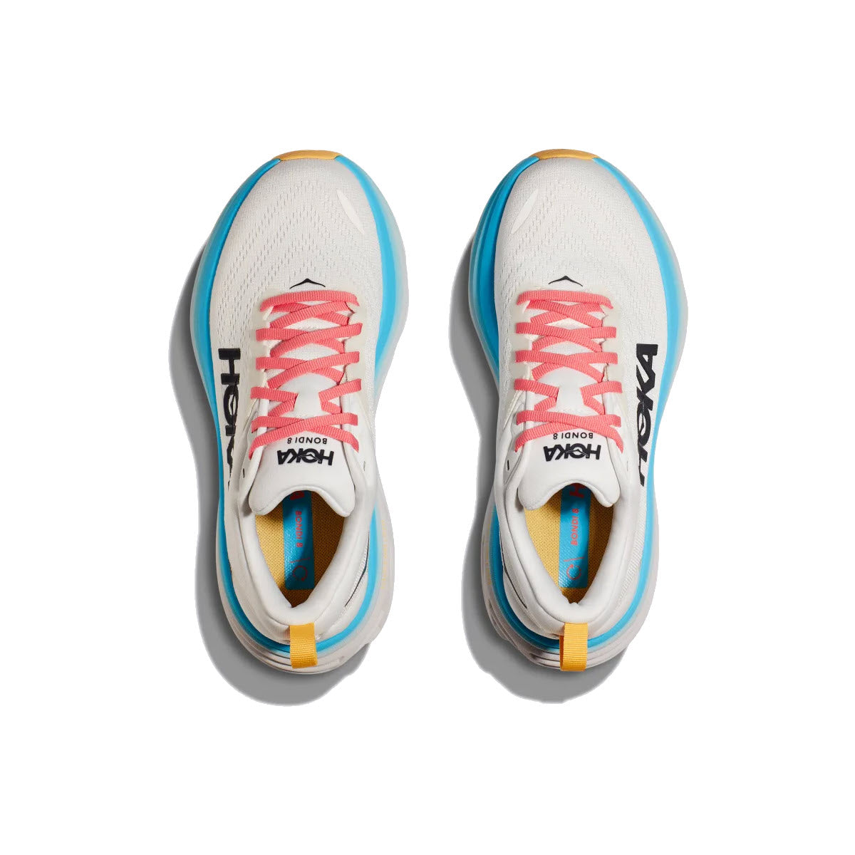 Top view of a pair of white HOKA BONDI 8 BLANC DE BLANC/SWIM DAY running shoes with pink laces and blue and yellow accents.