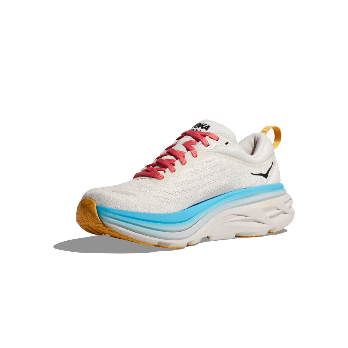 A white HOKA BONDI 8 BLANC DE BLANC/SWIM DAY - WOMEN running shoe with red laces, a teal blue wave pattern on the sole, and a black logo on the side, displayed against a white background. This shoe is designed as part of the Hoka brand.