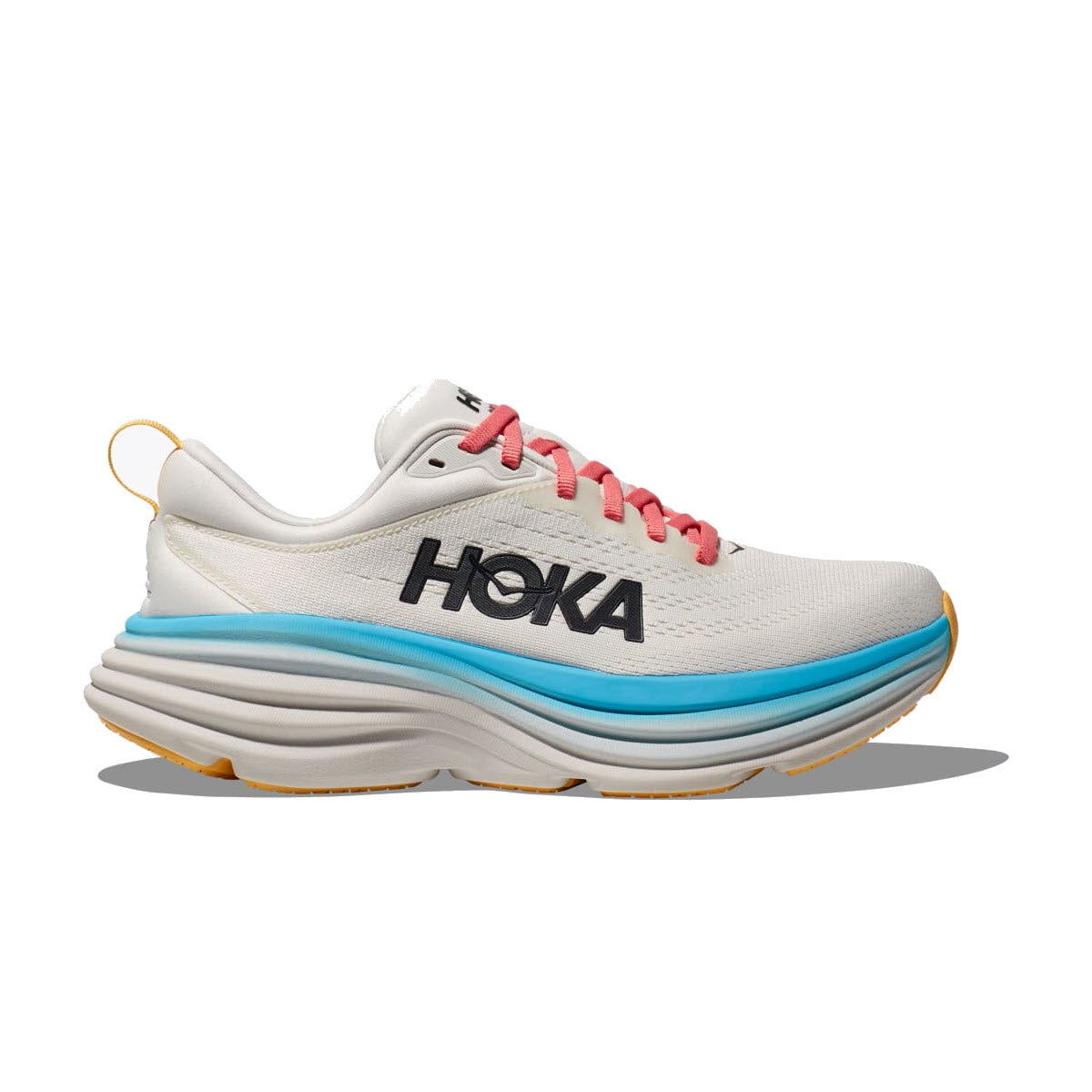 Hoka BONDI 8 Blanc De Blanc/Swim Day - Women running shoe with blue and yellow accents, and thick, cushioned sole.