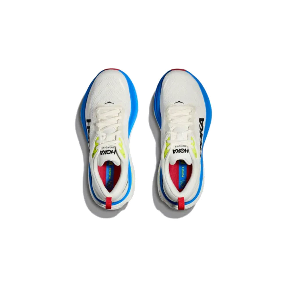 Top view of a pair of white HOKA Bondi 8 Blanc De Blanc/Virtual Blue shoes with blue and red accents on a white background.