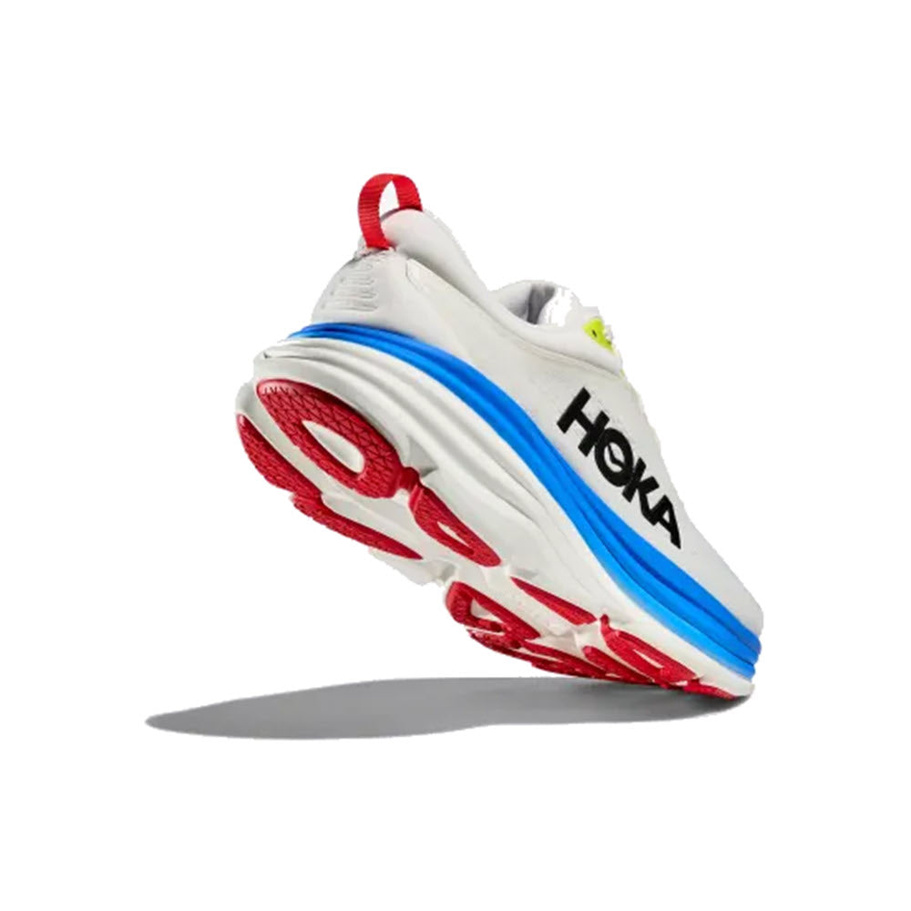 White and red HOKA BONDI 8 BLANC DE BLANC/VIRTUAL BLUE - MENS running shoe floating against a white background, displaying its sole and brand logo.