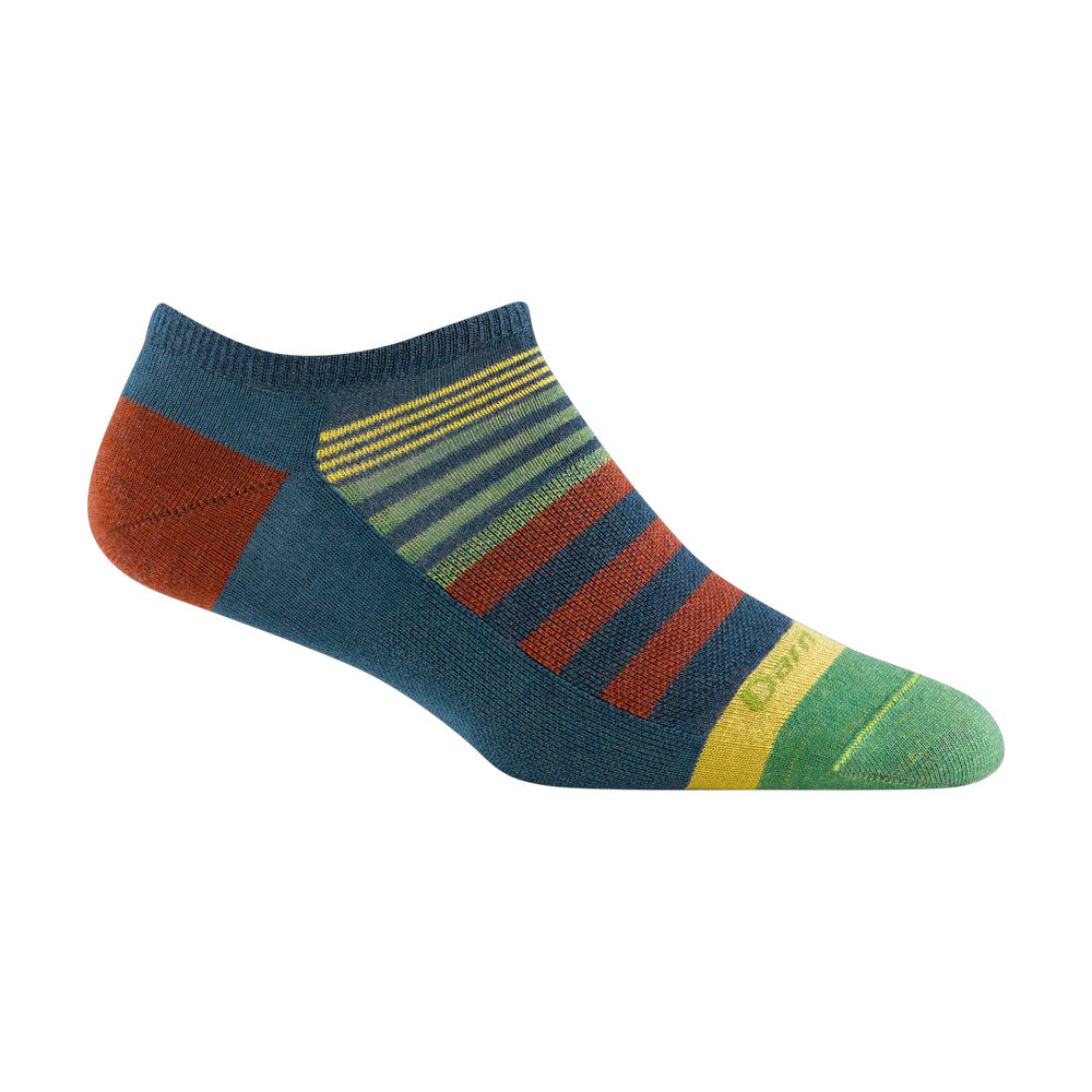 A colorful striped Darn Tough Merino Wool low-cut sock displayed against a white background.