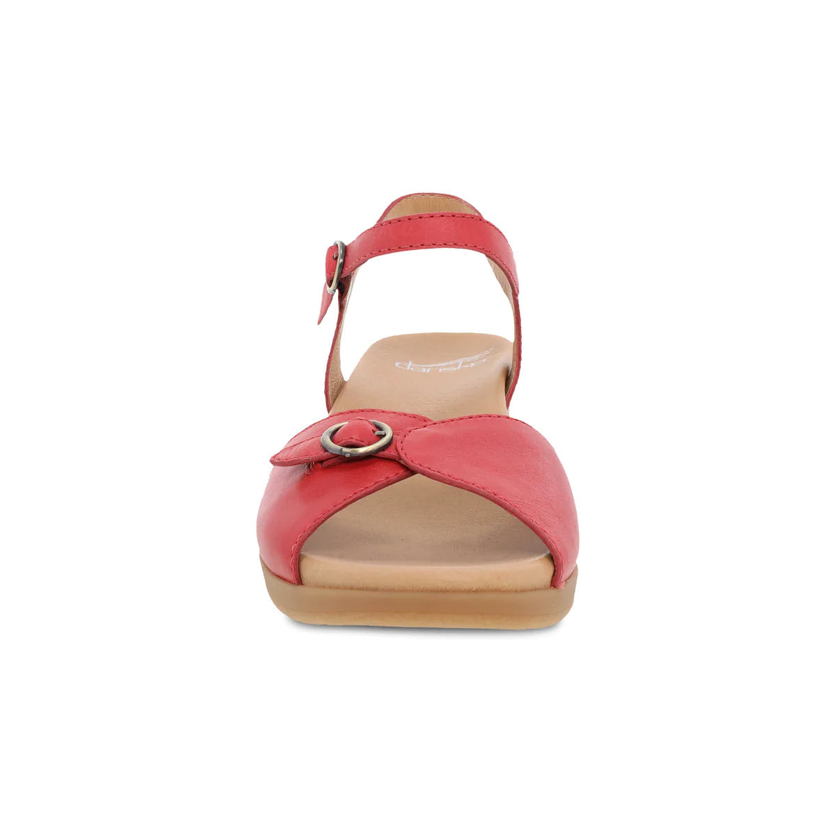 A single Dansko Tessie Poppy - Womens heeled sandal with an ankle strap and a circular buckle on the front, displayed against a white background.