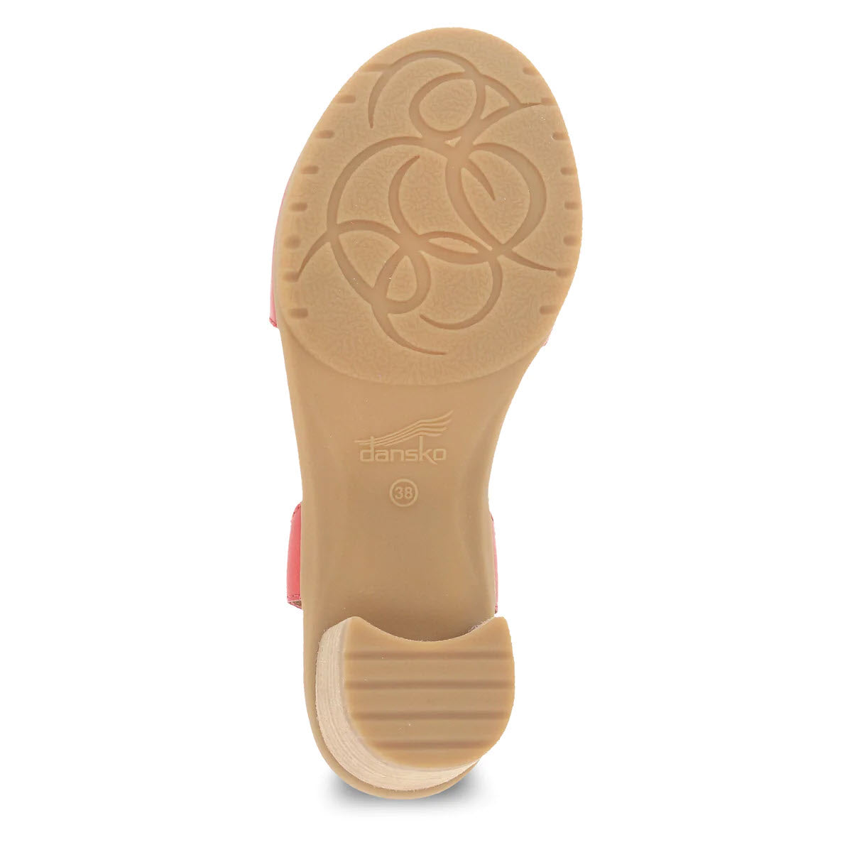 Bottom view of a comfortable heeled sandal showing a beige sole with circular patterns and the Dansko logo.
