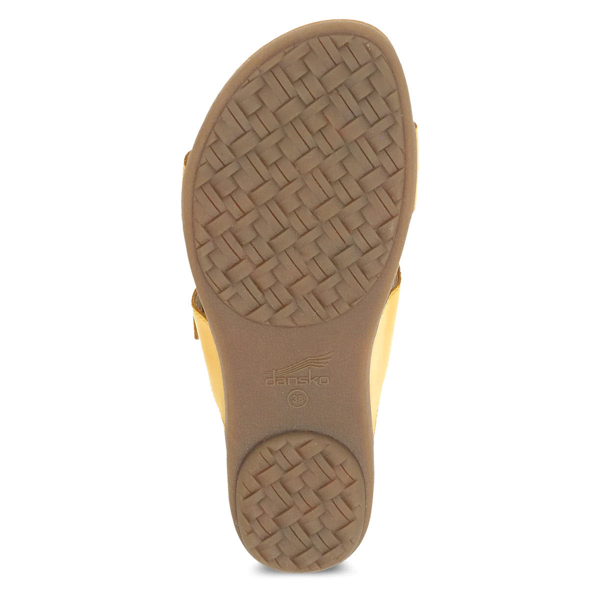 Sole of a shoe showing a woven pattern and the Dansko logo embossed near the center, perfect for casual all-day wear with the Dansko Justine Yellow - Womens.