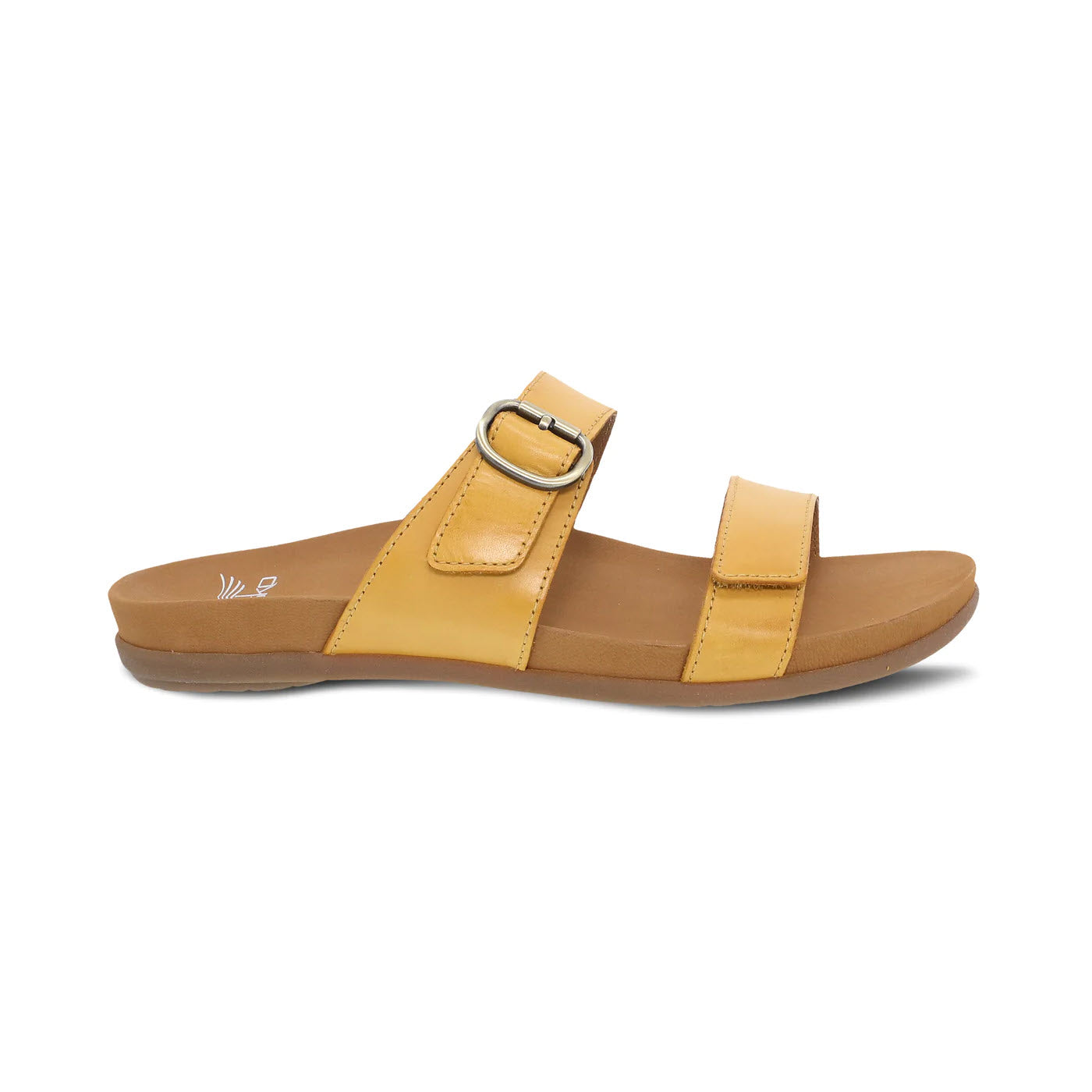 A single yellow leather slide sandal with a buckle on the ankle strap, displayed against a white background.
