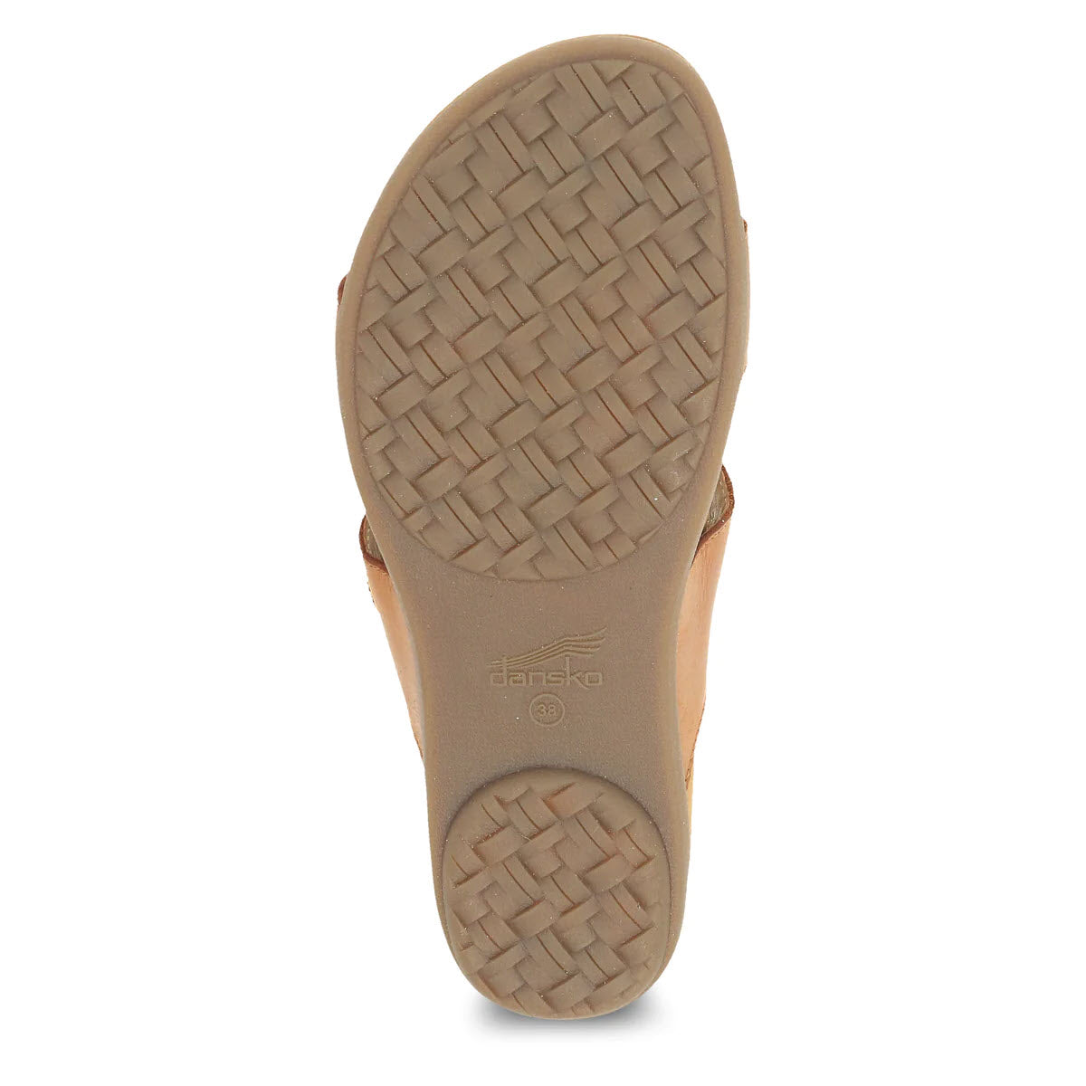 Bottom view of a Dansko Justine Luggage shoe showing a tan sole with a woven pattern and the brand name &quot;dansko&quot; embossed in the center, perfect for casual all-day wear.