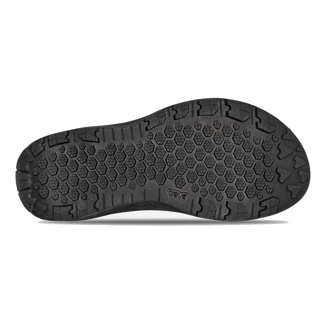 Bottom view of a black Teva TerraGrip Sandal sole with a detailed tread pattern designed for traction.