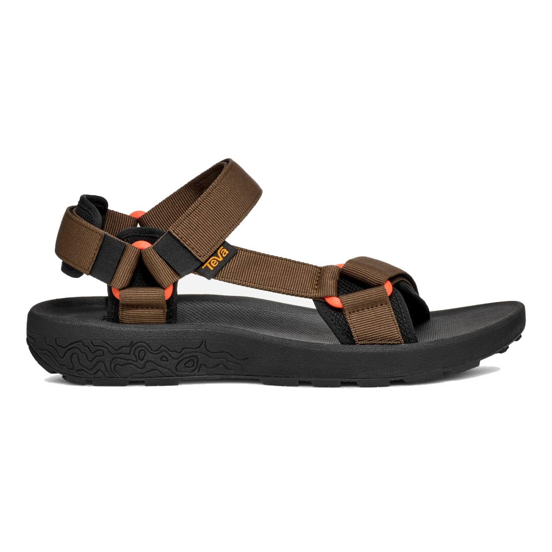 A single brown and black Teva Terragrip Sandal Desert Palm - Mens with adjustable straps and a thick sole, isolated on a white background.