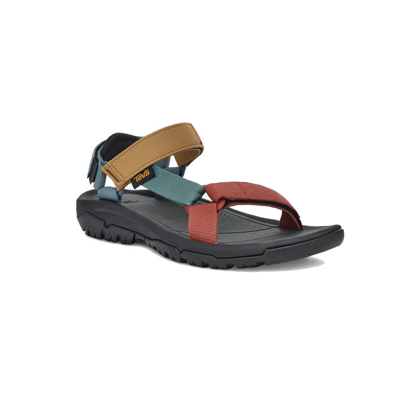 A Teva Hurricane XLT2 sandal Earth Multi for men featuring multiple colored straps and a rugged black sole with enhanced traction, displayed against a white background.