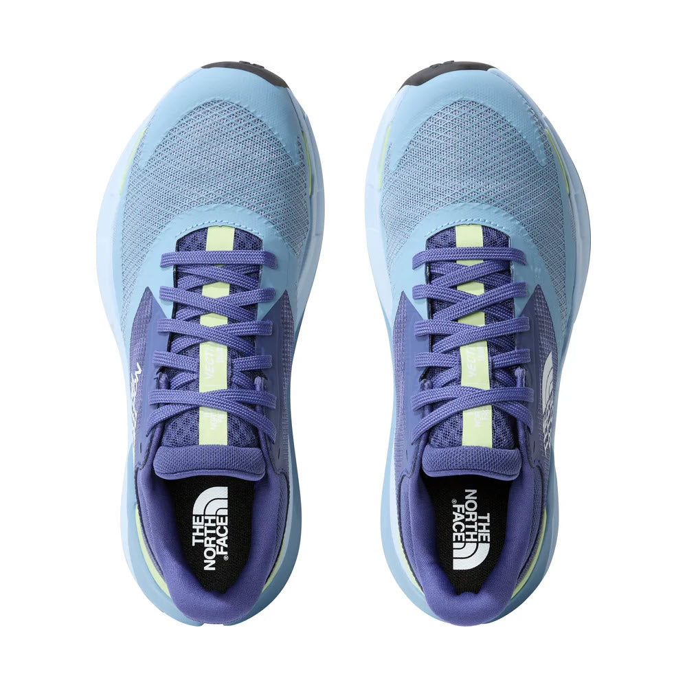 Top view of a pair of blue and purple North Face VECTIV ENDURIS 3 running shoes featuring VECTIV technology.