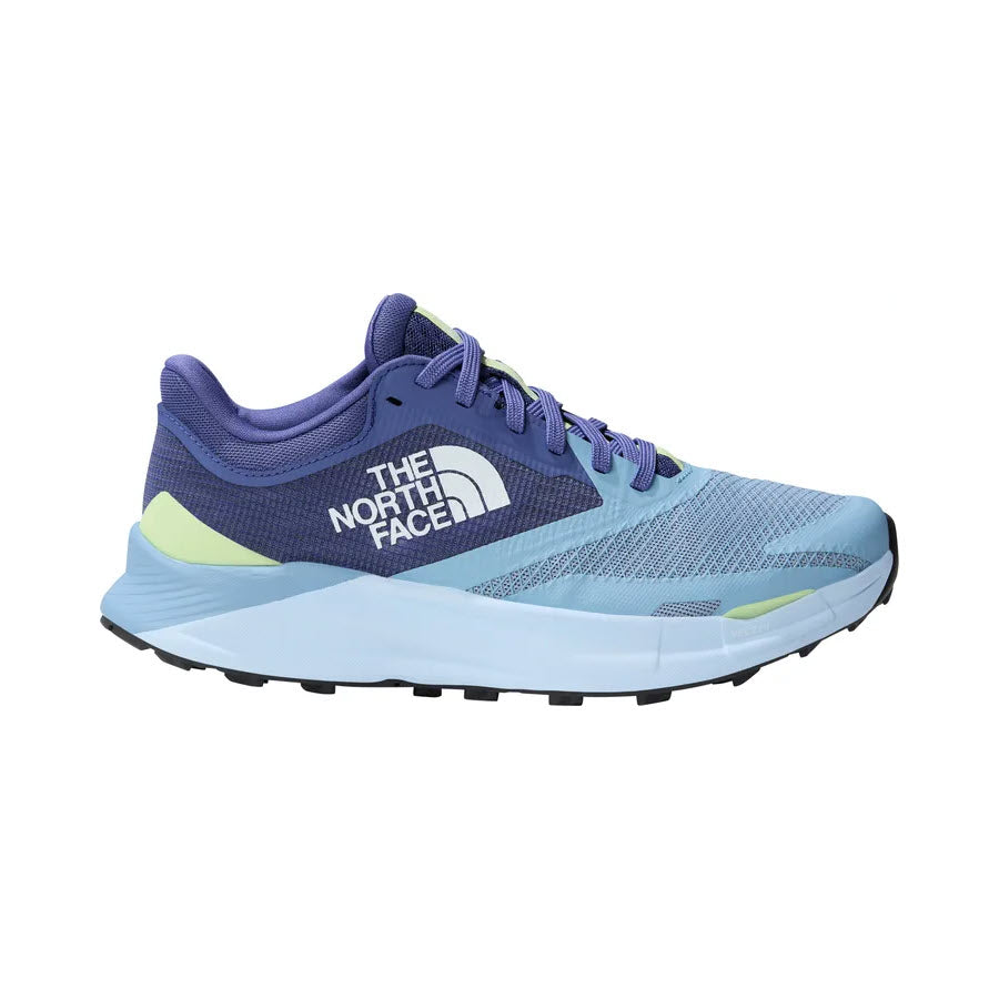 A NORTH FACE VECTIV ENDURIS 3 STEEL BLUE/CAVE BLUE trail running shoe in shades of blue and light green with VECTIV technology and the logo on the side.