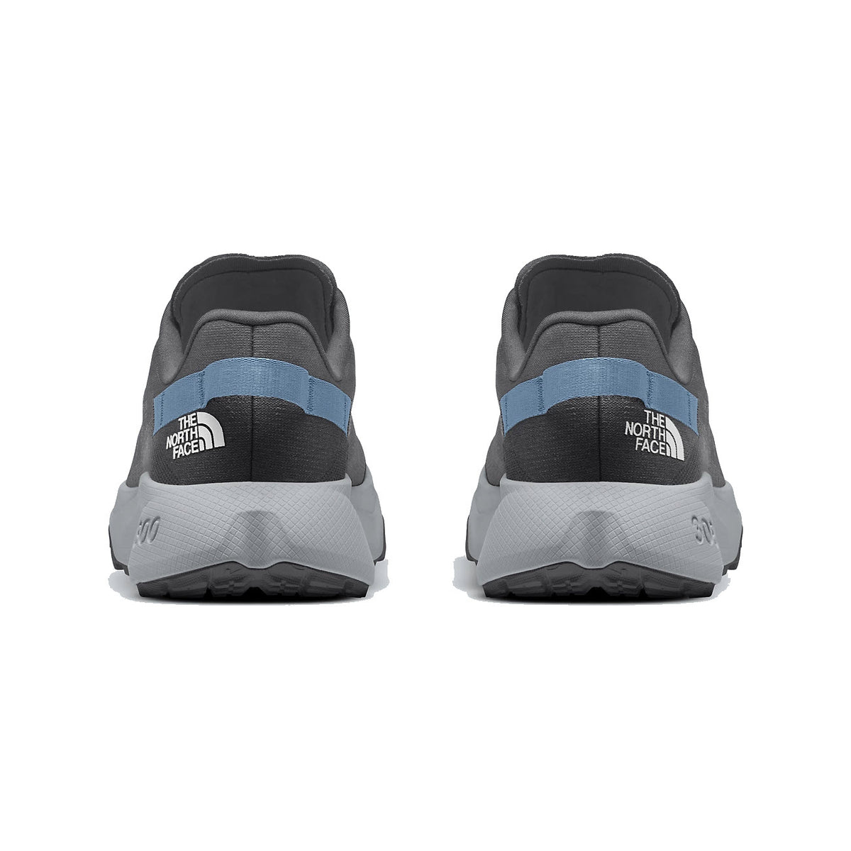 Rear view of two identical North Face ALTMESA 300 Pearl/High Rise trail-running shoes in gray, black, and blue, featuring prominent brand logos and SURFACE CTRL rubber outsoles.